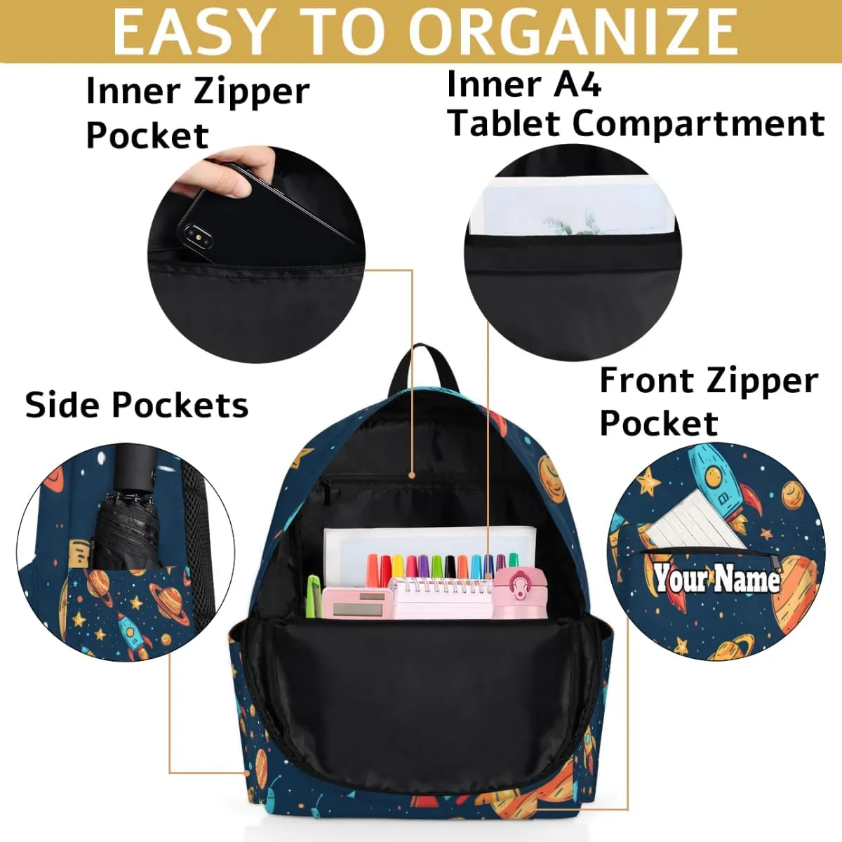 Personalized Starry Sky Preschool Toddler Backpack for Boys Girls Custom Kids Name Small Bookbags Kindergarten Elementary Backpack, Space Rocket