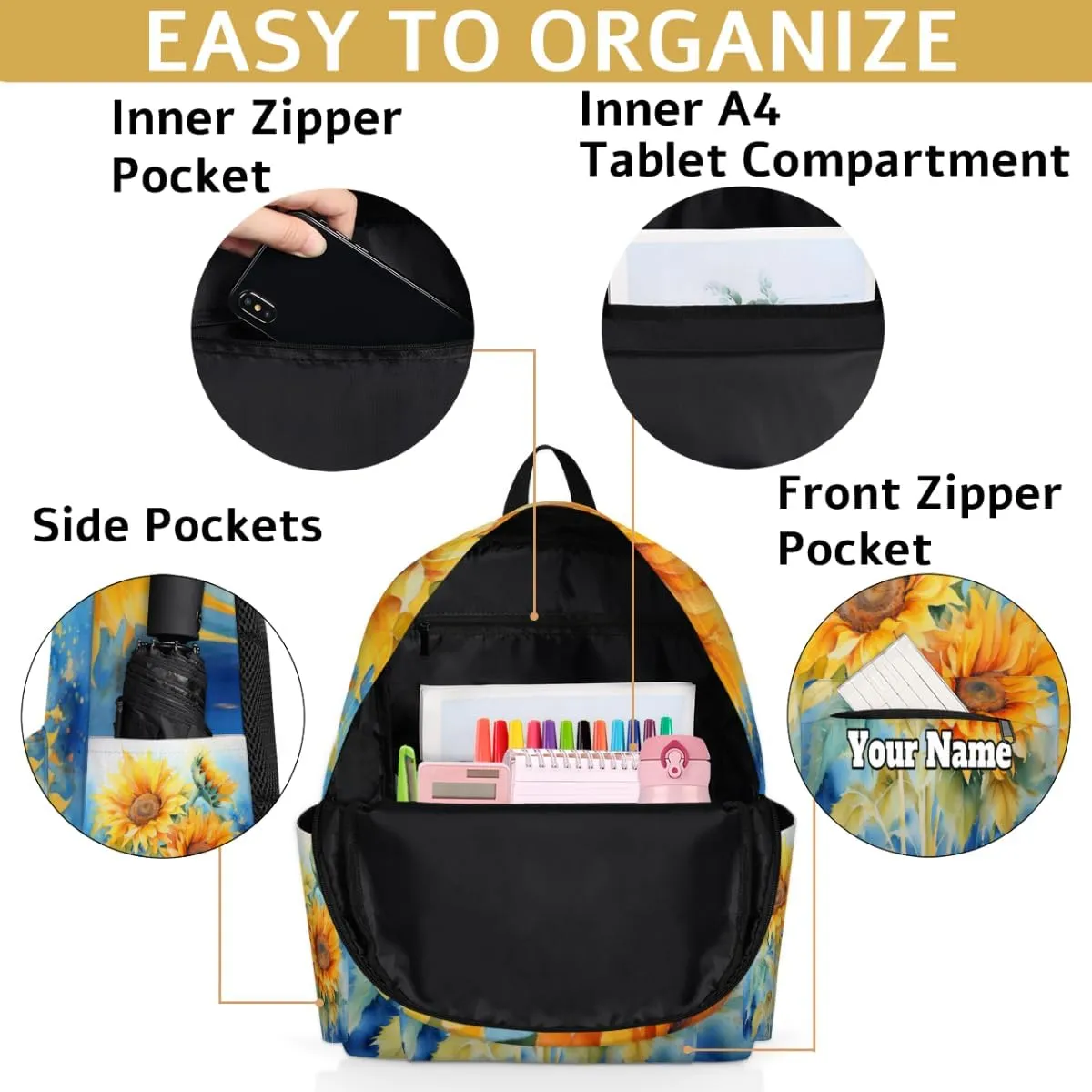 Personalized Sunflower Preschool Toddler Backpack for Boys Girls Custom Kids Name Small Bookbags Kindergarten Elementary Backpack, Summer Flower