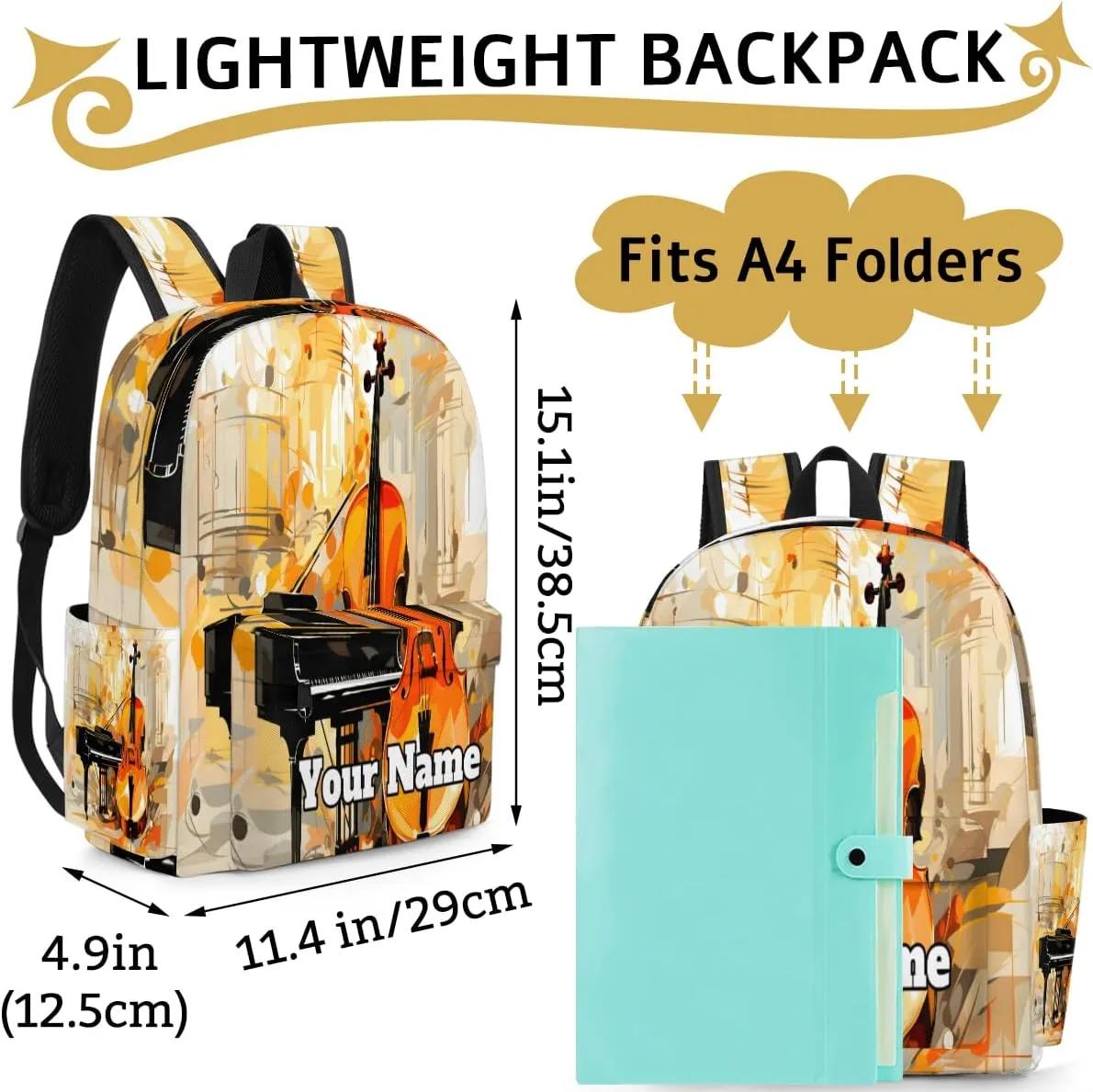 Personalized Violin Piano Preschool Toddler Backpack for Boys Girls Custom Kids Name Small Bookbags Kindergarten Elementary Backpack, Musical Theme