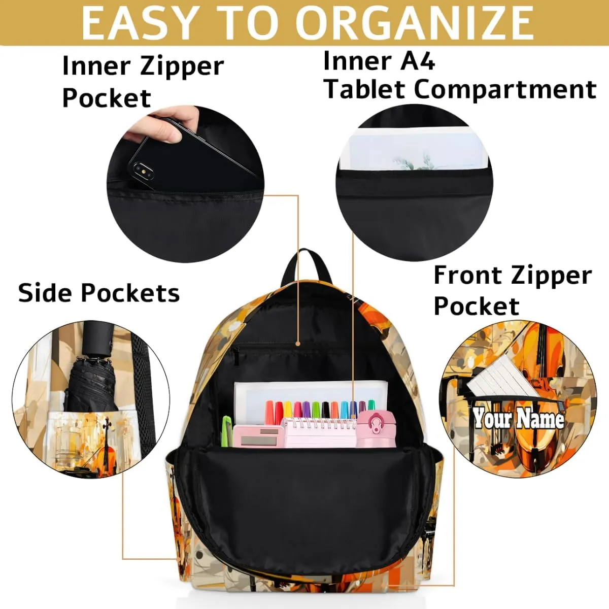 Personalized Violin Piano Preschool Toddler Backpack for Boys Girls Custom Kids Name Small Bookbags Kindergarten Elementary Backpack, Musical Theme