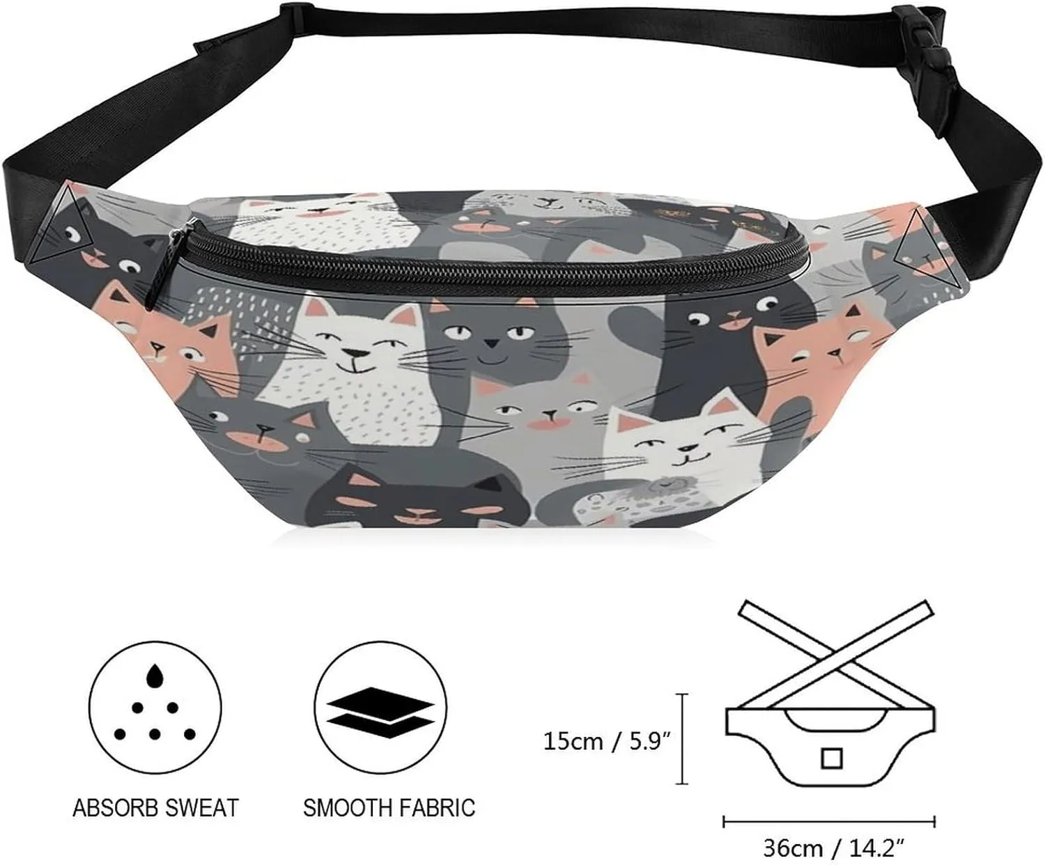 Personalized Waist Packs with Adjustable Strap,Cute Funny Grey Cats Pattern CrossBody Fanny Pack Casual Bag for Travel Sports Running Hiking