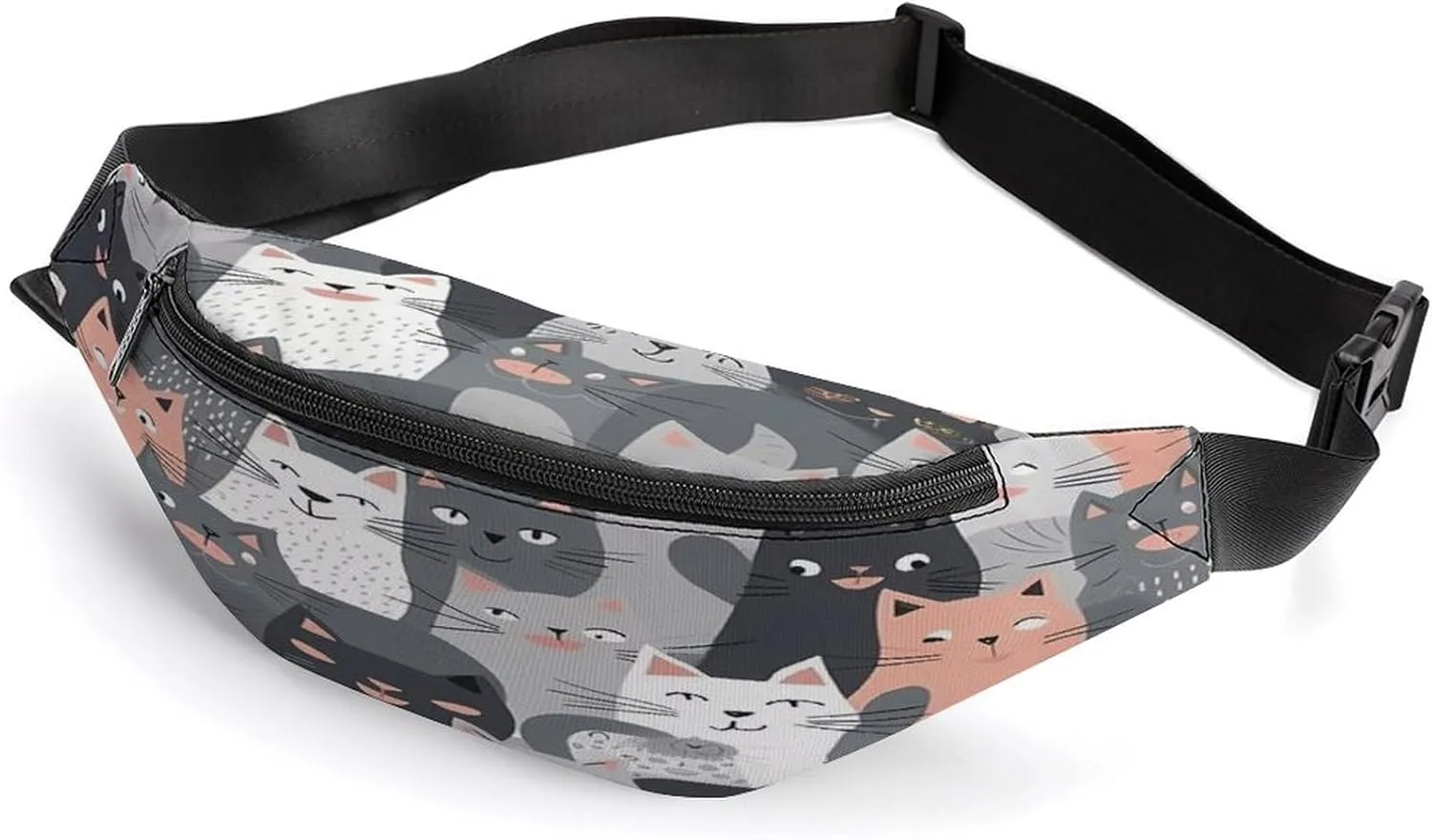 Personalized Waist Packs with Adjustable Strap,Cute Funny Grey Cats Pattern CrossBody Fanny Pack Casual Bag for Travel Sports Running Hiking