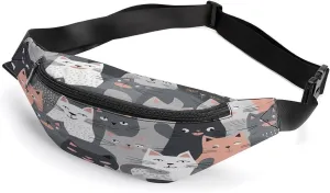 Personalized Waist Packs with Adjustable Strap,Cute Funny Grey Cats Pattern CrossBody Fanny Pack Casual Bag for Travel Sports Running Hiking