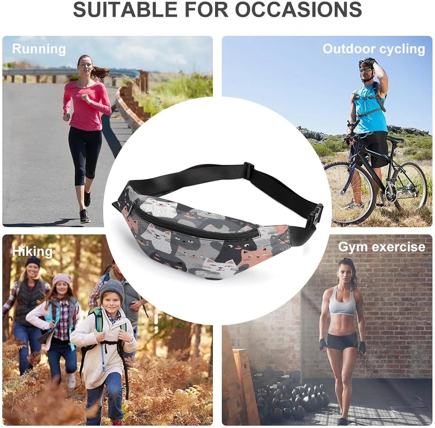 Personalized Waist Packs with Adjustable Strap,Cute Funny Grey Cats Pattern CrossBody Fanny Pack Casual Bag for Travel Sports Running Hiking