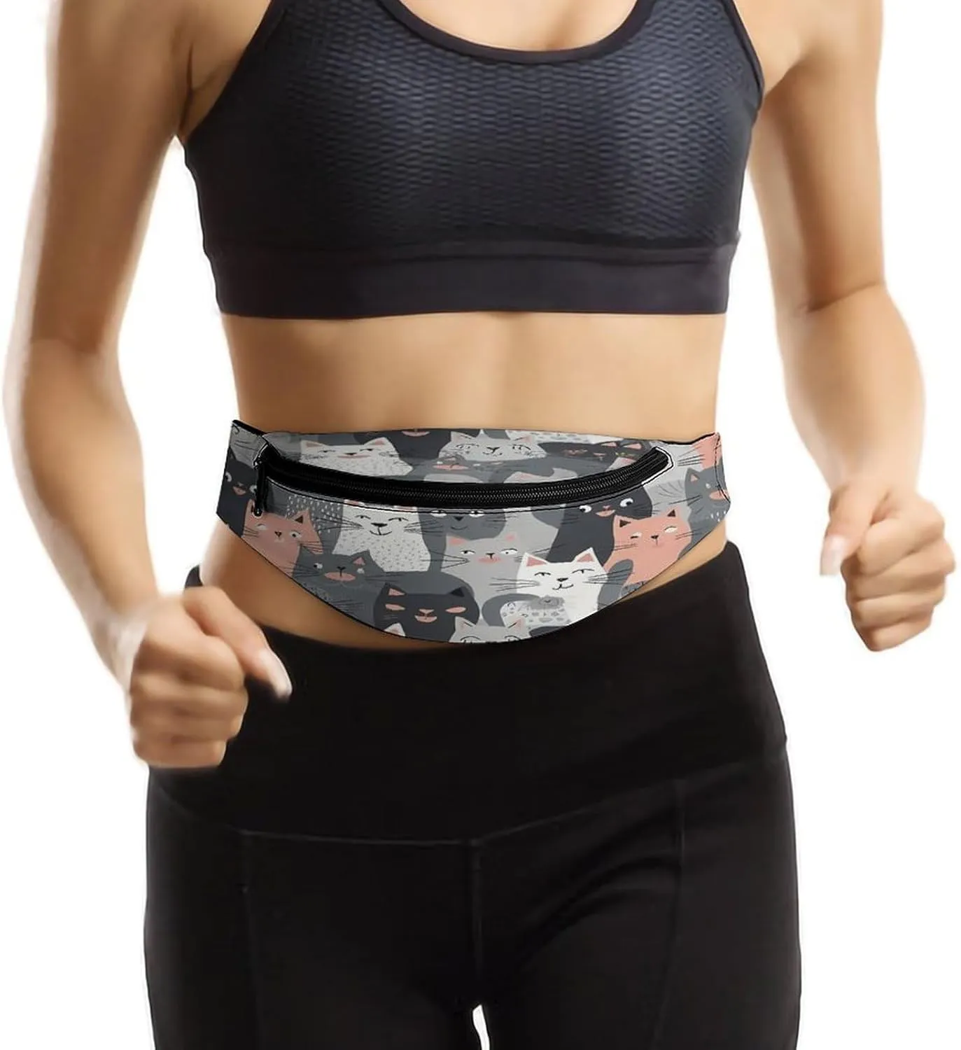 Personalized Waist Packs with Adjustable Strap,Cute Funny Grey Cats Pattern CrossBody Fanny Pack Casual Bag for Travel Sports Running Hiking