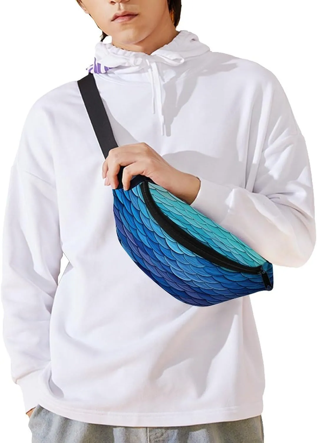 Personalized Waist Packs with Adjustable Strap,Ocean Sea Blue Mermaid Fish Scale CrossBody Fanny Pack Casual Bag for Travel Sports Running Hiking