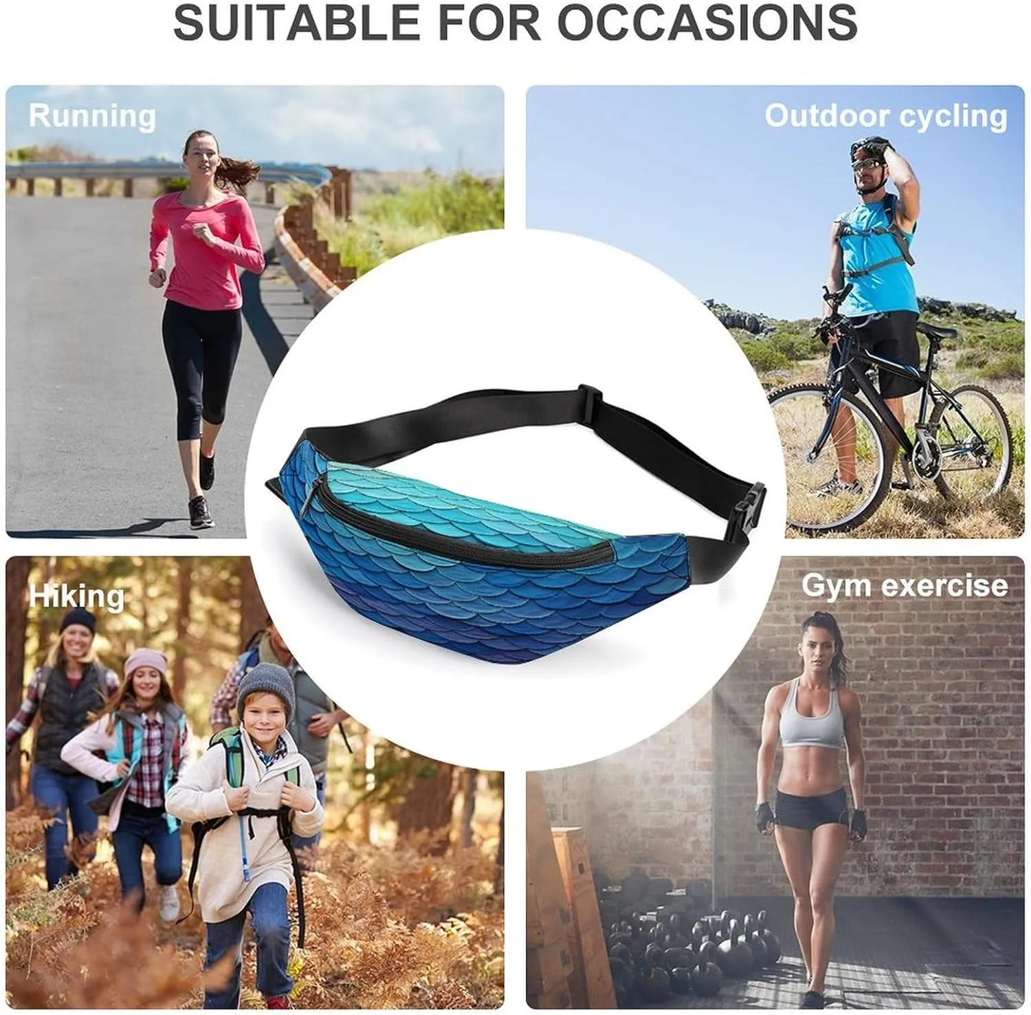 Personalized Waist Packs with Adjustable Strap,Ocean Sea Blue Mermaid Fish Scale CrossBody Fanny Pack Casual Bag for Travel Sports Running Hiking