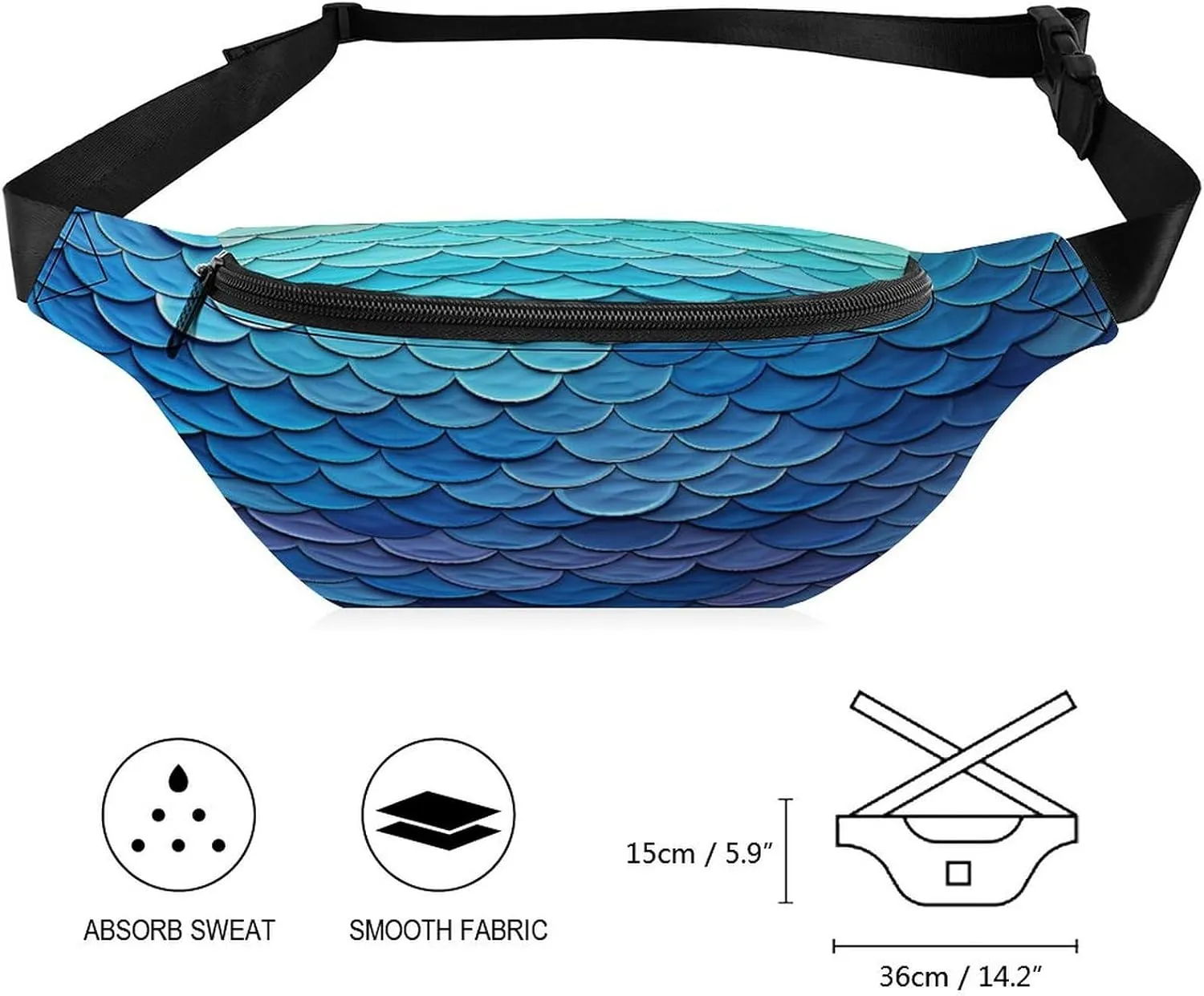 Personalized Waist Packs with Adjustable Strap,Ocean Sea Blue Mermaid Fish Scale CrossBody Fanny Pack Casual Bag for Travel Sports Running Hiking
