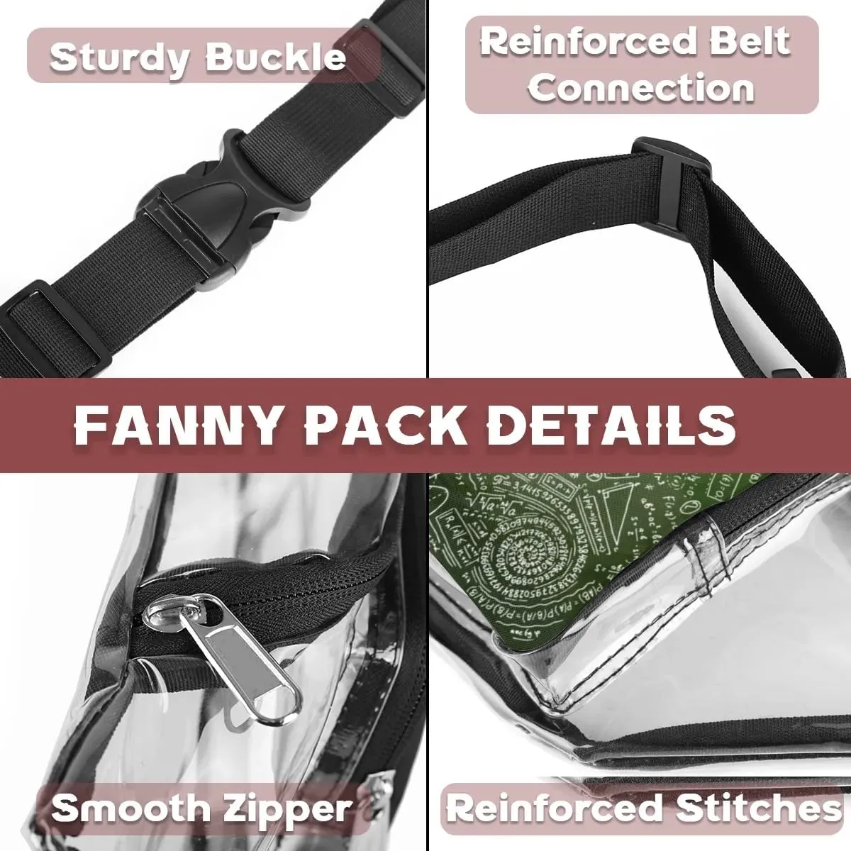 Physics Math Science Formulas Calculations Clear Fanny Pack Stadium Approved Clear Crossbody Belt Bag for Women Men Transparent Waist Bag with Adjustable Strap for Concerts Sports Events Travel