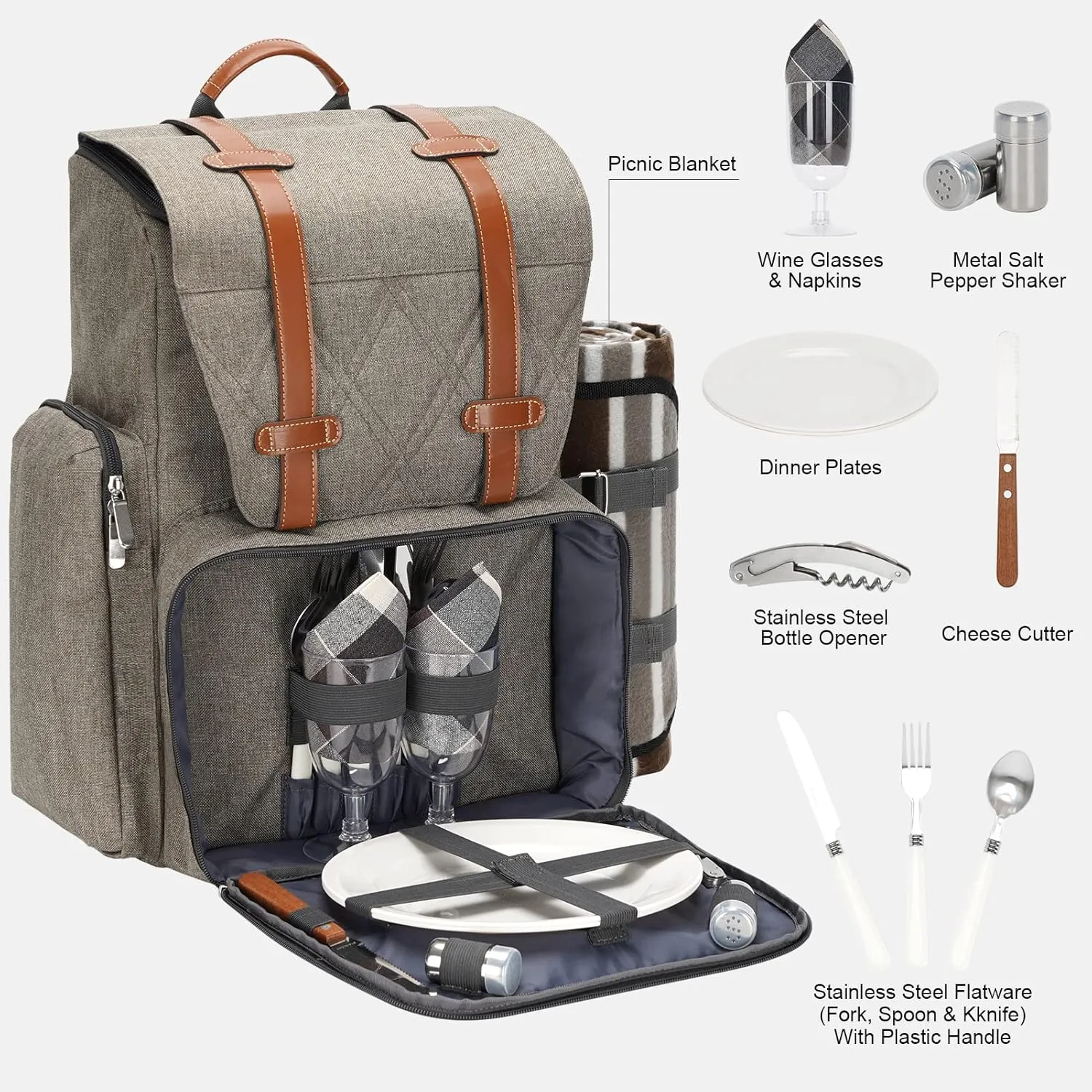 Picnic Backpack for 2 Person with Large Insulated Cooler Bag, Picnic Basket Set with Wine Pouch, Waterproof Picnic Blanket & Cutlery Set. Perfect for Beach, Camping,Wedding Gift for Couple.Beige