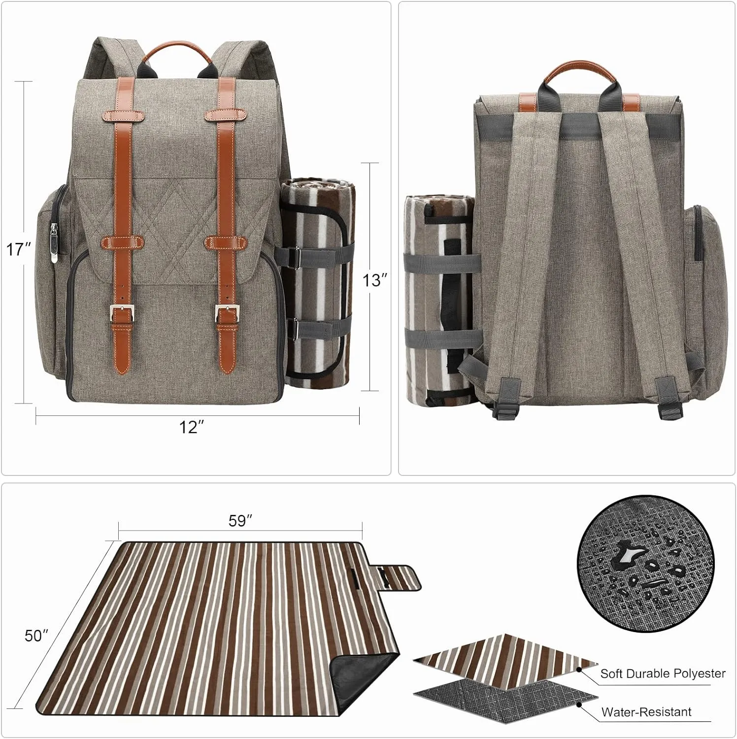 Picnic Backpack for 2 Person with Large Insulated Cooler Bag, Picnic Basket Set with Wine Pouch, Waterproof Picnic Blanket & Cutlery Set. Perfect for Beach, Camping,Wedding Gift for Couple.Beige