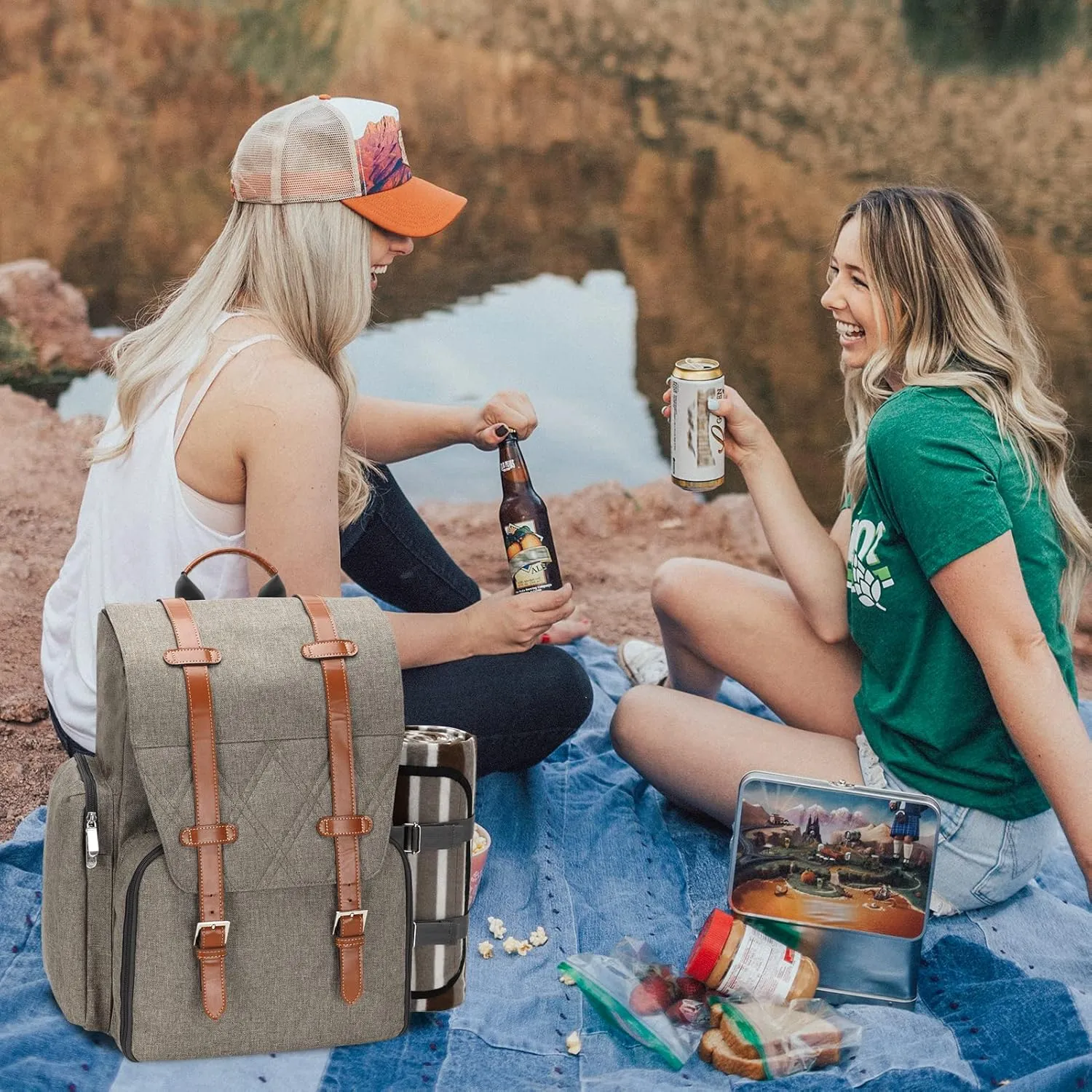 Picnic Backpack for 2 Person with Large Insulated Cooler Bag, Picnic Basket Set with Wine Pouch, Waterproof Picnic Blanket & Cutlery Set. Perfect for Beach, Camping,Wedding Gift for Couple.Beige
