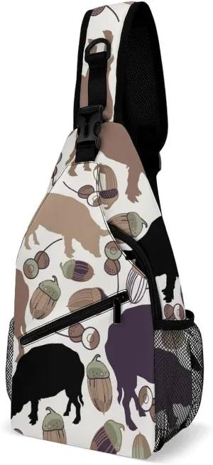 Pigs Acorns Sling Bag Crossbody for Women Men Lightweight Adjustable Extender Strap Shoulder Backpack with Water Bottle Holder Casual Daypack for Hiking Travel