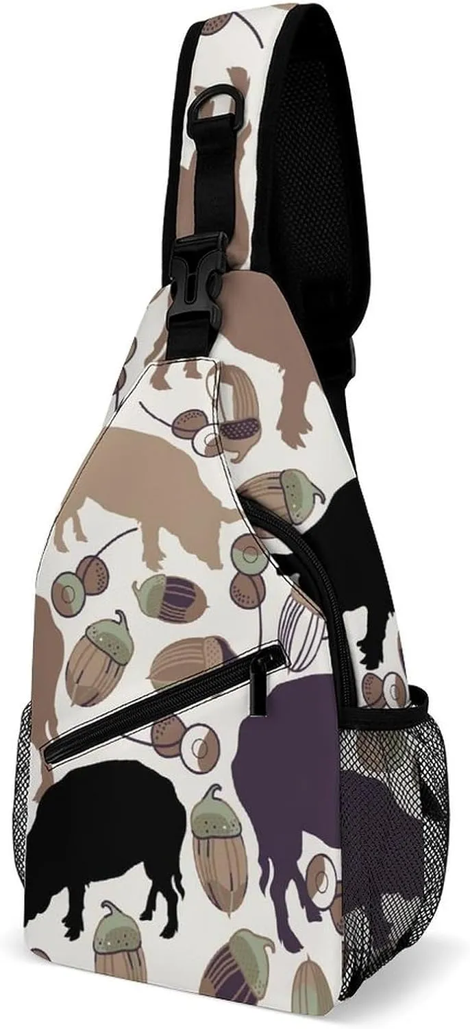 Pigs Acorns Sling Bag Crossbody for Women Men Lightweight Adjustable Extender Strap Shoulder Backpack with Water Bottle Holder Casual Daypack for Hiking Travel