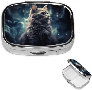 Pill Case with Mirror Retro 2 Compartment Pill Box A cat in a Nebula Small Pill Organizer for Purse or Pocket Decorative Metal Medicine Vitamin Organizer Unique Gifts