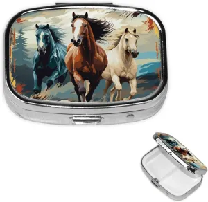 Pill Case with Mirror Retro 2 Compartment Pill Box A Pattern with Horses as a Background Small Pill Organizer for Purse or Pocket Decorative Metal Medicine Vitamin Organizer Unique Gifts