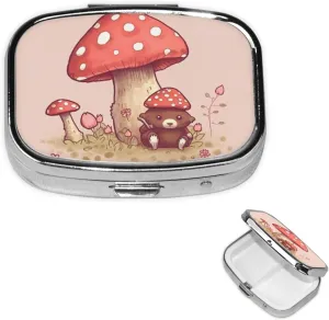 Pill Case with Mirror Retro 2 Compartment Pill Box Bear and Mushroom Small Pill Organizer for Purse or Pocket Decorative Metal Medicine Vitamin Organizer Unique Gifts