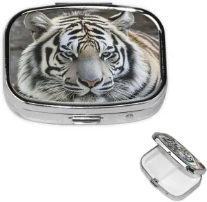 Pill Case with Mirror Retro 2 Compartment Pill Box Black and White Tiger Small Pill Organizer for Purse or Pocket Decorative Metal Medicine Vitamin Organizer Unique Gifts