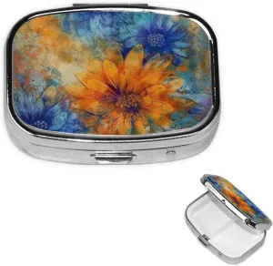 Pill Case with Mirror Retro 2 Compartment Pill Box Blue and Orange Flowers Small Pill Organizer for Purse or Pocket Decorative Metal Medicine Vitamin Organizer Unique Gifts