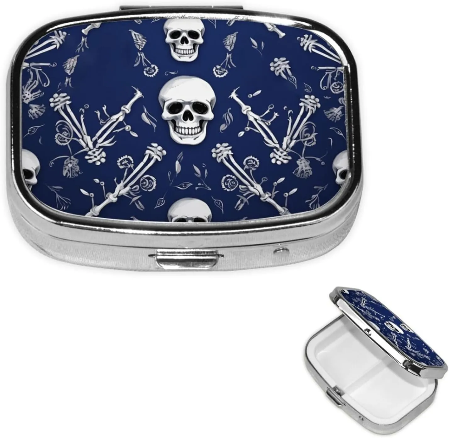Pill Case with Mirror Retro 2 Compartment Pill Box Blue Skull and Bones Small Pill Organizer for Purse or Pocket Decorative Metal Medicine Vitamin Organizer Unique Gifts