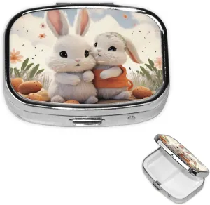 Pill Case with Mirror Retro 2 Compartment Pill Box Bunny Hug Small Pill Organizer for Purse or Pocket Decorative Metal Medicine Vitamin Organizer Unique Gifts
