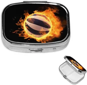 Pill Case with Mirror Retro 2 Compartment Pill Box Burning Volleyball Pictures Small Pill Organizer for Purse or Pocket Decorative Metal Medicine Vitamin Organizer Unique Gifts