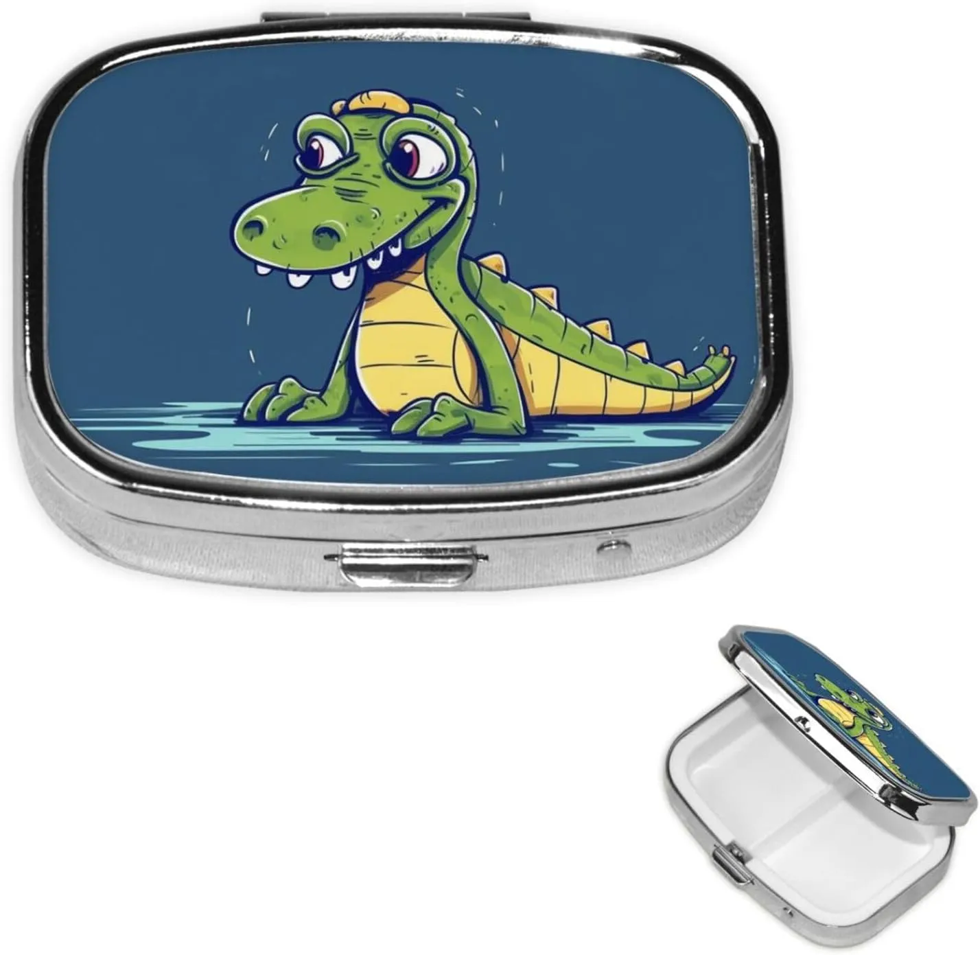 Pill Case with Mirror Retro 2 Compartment Pill Box Cartoon Crocodile Small Pill Organizer for Purse or Pocket Decorative Metal Medicine Vitamin Organizer Unique Gifts