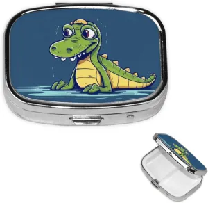 Pill Case with Mirror Retro 2 Compartment Pill Box Cartoon Crocodile Small Pill Organizer for Purse or Pocket Decorative Metal Medicine Vitamin Organizer Unique Gifts