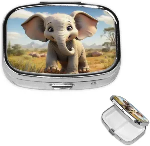 Pill Case with Mirror Retro 2 Compartment Pill Box Cartoon Elephant Small Pill Organizer for Purse or Pocket Decorative Metal Medicine Vitamin Organizer Unique Gifts