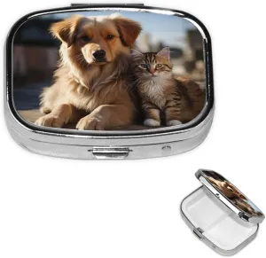 Pill Case with Mirror Retro 2 Compartment Pill Box Cats and Dogs Small Pill Organizer for Purse or Pocket Decorative Metal Medicine Vitamin Organizer Unique Gifts