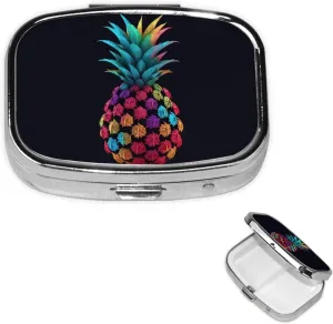 Pill Case with Mirror Retro 2 Compartment Pill Box Colorful Animated Pineapple Small Pill Organizer for Purse or Pocket Decorative Metal Medicine Vitamin Organizer Unique Gifts