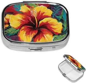 Pill Case with Mirror Retro 2 Compartment Pill Box Colorful Hibiscus Small Pill Organizer for Purse or Pocket Decorative Metal Medicine Vitamin Organizer Unique Gifts