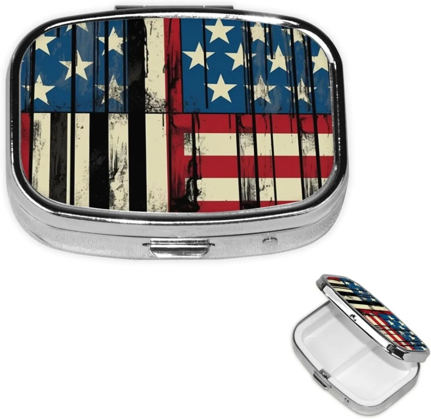 Pill Case with Mirror Retro 2 Compartment Pill Box Comic Style Flag Small Pill Organizer for Purse or Pocket Decorative Metal Medicine Vitamin Organizer Unique Gifts