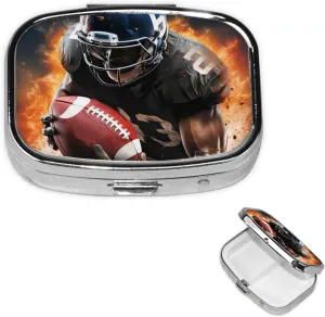 Pill Case with Mirror Retro 2 Compartment Pill Box Cool American Football Small Pill Organizer for Purse or Pocket Decorative Metal Medicine Vitamin Organizer Unique Gifts