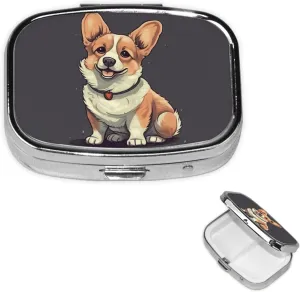 Pill Case with Mirror Retro 2 Compartment Pill Box Cute Corgi Dog Illustration Small Pill Organizer for Purse or Pocket Decorative Metal Medicine Vitamin Organizer Unique Gifts