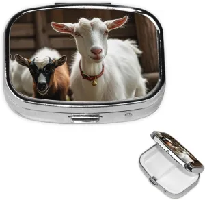 Pill Case with Mirror Retro 2 Compartment Pill Box Cute Goat Small Pill Organizer for Purse or Pocket Decorative Metal Medicine Vitamin Organizer Unique Gifts