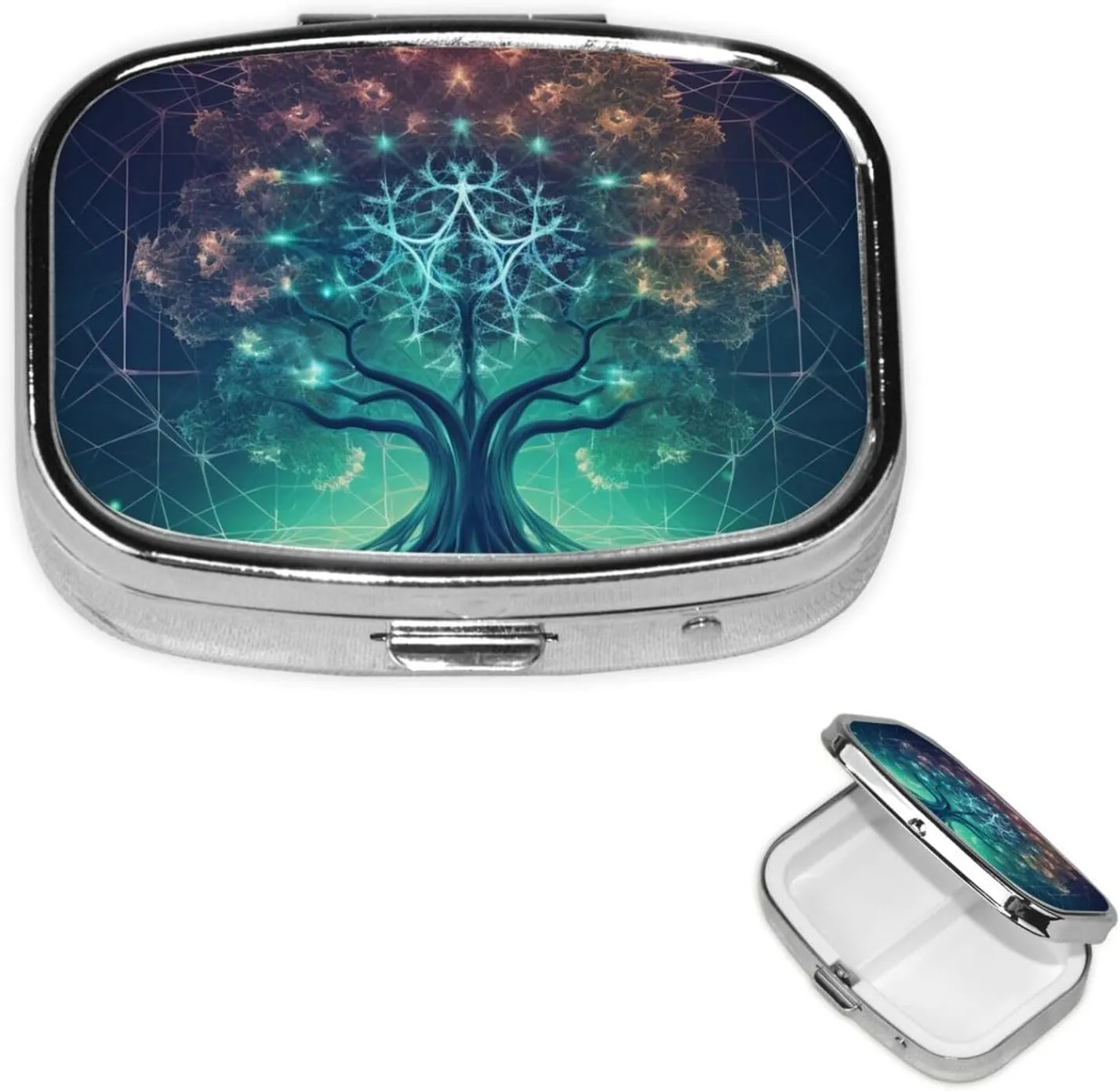 Pill Case with Mirror Retro 2 Compartment Pill Box Digital Futuristic Tree of Life Icon with Space Small Pill Organizer for Purse or Pocket Decorative Metal Medicine Vitamin Organizer Unique Gifts
