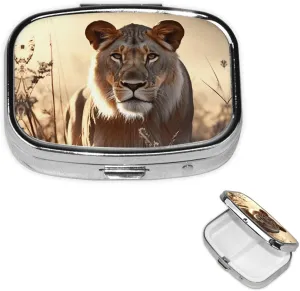 Pill Case with Mirror Retro 2 Compartment Pill Box Female Lion Small Pill Organizer for Purse or Pocket Decorative Metal Medicine Vitamin Organizer Unique Gifts