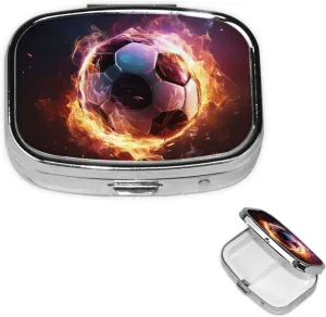 Pill Case with Mirror Retro 2 Compartment Pill Box Fire Soccer Ball Small Pill Organizer for Purse or Pocket Decorative Metal Medicine Vitamin Organizer Unique Gifts