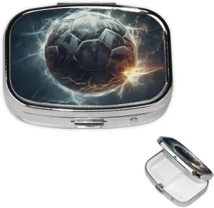 Pill Case with Mirror Retro 2 Compartment Pill Box Football and Lightning Small Pill Organizer for Purse or Pocket Decorative Metal Medicine Vitamin Organizer Unique Gifts