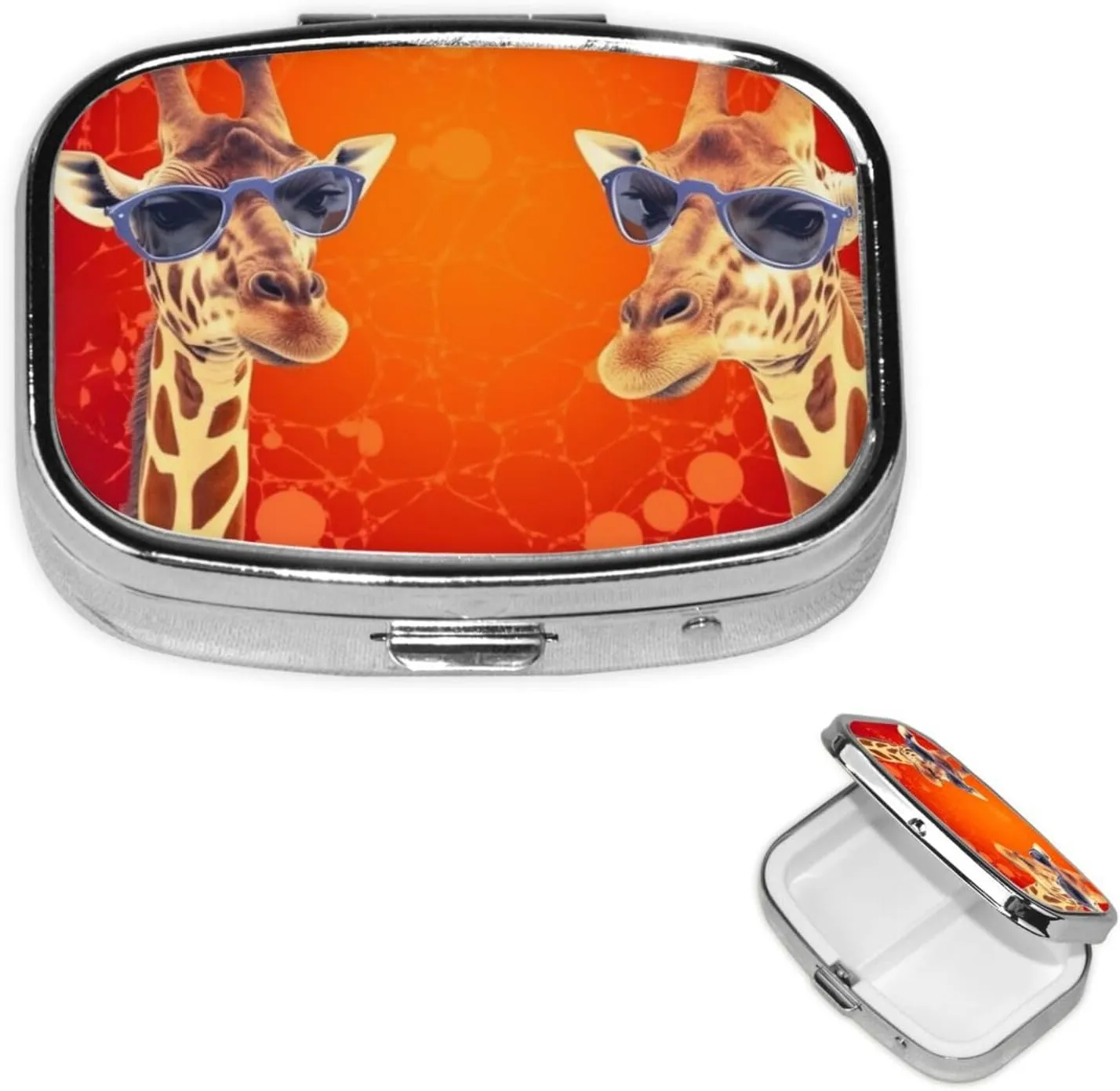 Pill Case with Mirror Retro 2 Compartment Pill Box Giraffe Wearing Sunglasses Small Pill Organizer for Purse or Pocket Decorative Metal Medicine Vitamin Organizer Unique Gifts