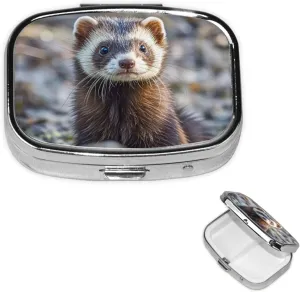 Pill Case with Mirror Retro 2 Compartment Pill Box Hairy Ferret Small Pill Organizer for Purse or Pocket Decorative Metal Medicine Vitamin Organizer Unique Gifts