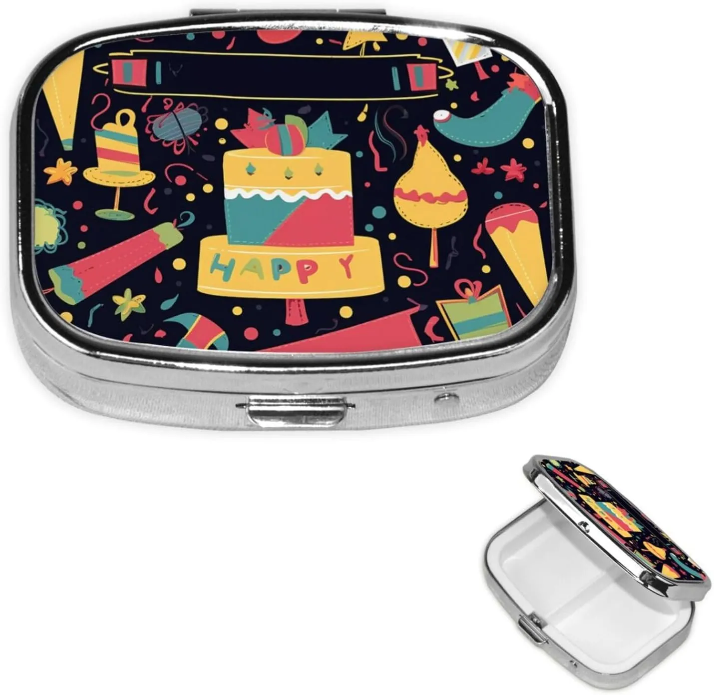 Pill Case with Mirror Retro 2 Compartment Pill Box Happy Birthday Images Small Pill Organizer for Purse or Pocket Decorative Metal Medicine Vitamin Organizer Unique Gifts