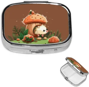 Pill Case with Mirror Retro 2 Compartment Pill Box Hedgehog and Mushroom Small Pill Organizer for Purse or Pocket Decorative Metal Medicine Vitamin Organizer Unique Gifts