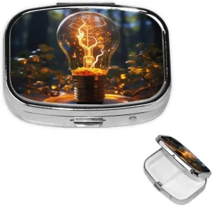 Pill Case with Mirror Retro 2 Compartment Pill Box Light Bulb Small Pill Organizer for Purse or Pocket Decorative Metal Medicine Vitamin Organizer Unique Gifts