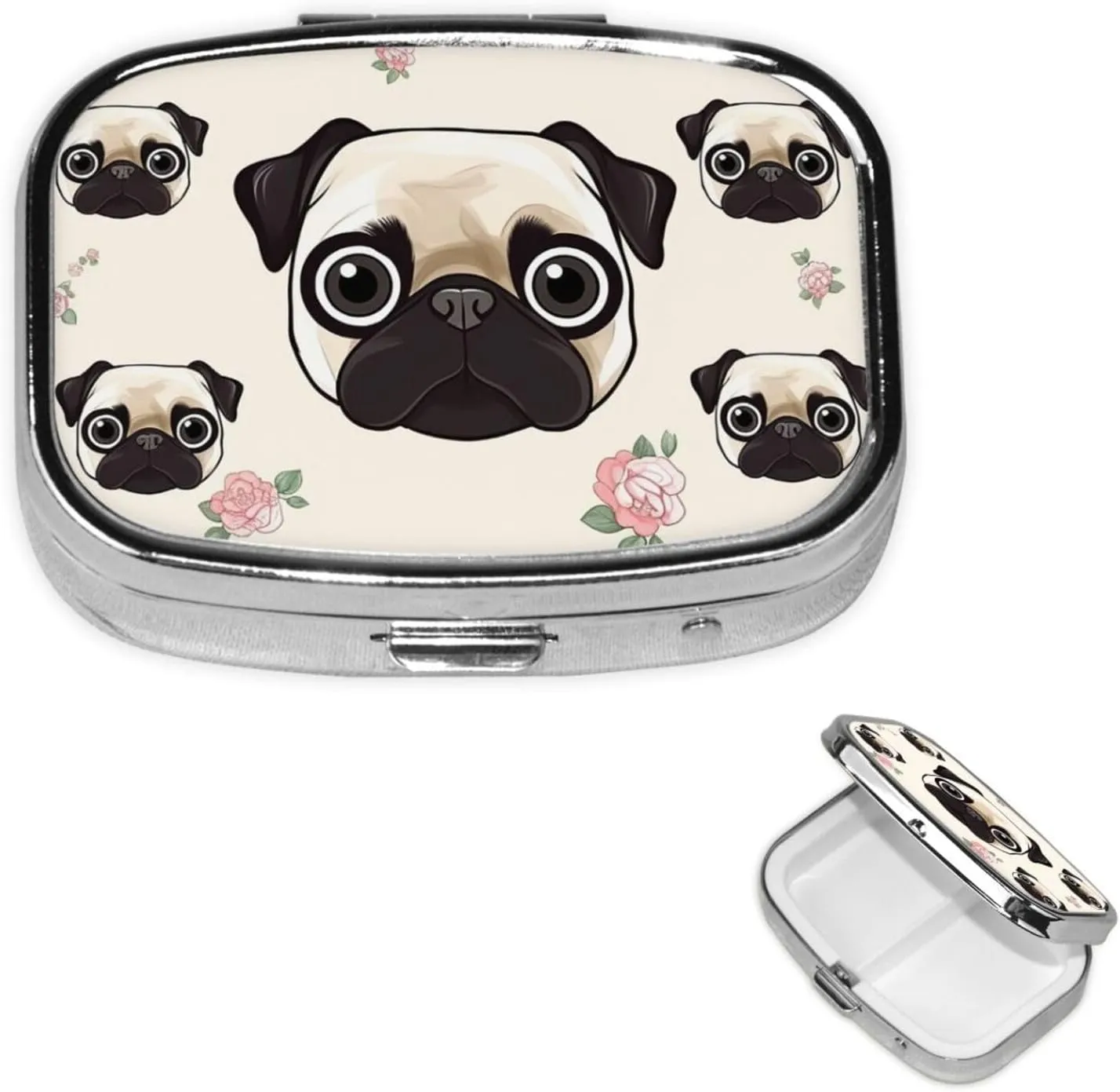 Pill Case with Mirror Retro 2 Compartment Pill Box Line Pug Small Pill Organizer for Purse or Pocket Decorative Metal Medicine Vitamin Organizer Unique Gifts