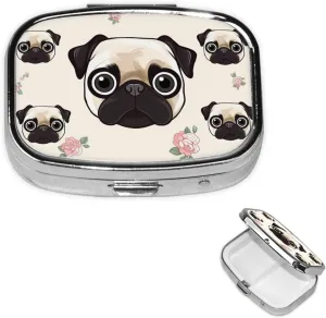 Pill Case with Mirror Retro 2 Compartment Pill Box Line Pug Small Pill Organizer for Purse or Pocket Decorative Metal Medicine Vitamin Organizer Unique Gifts