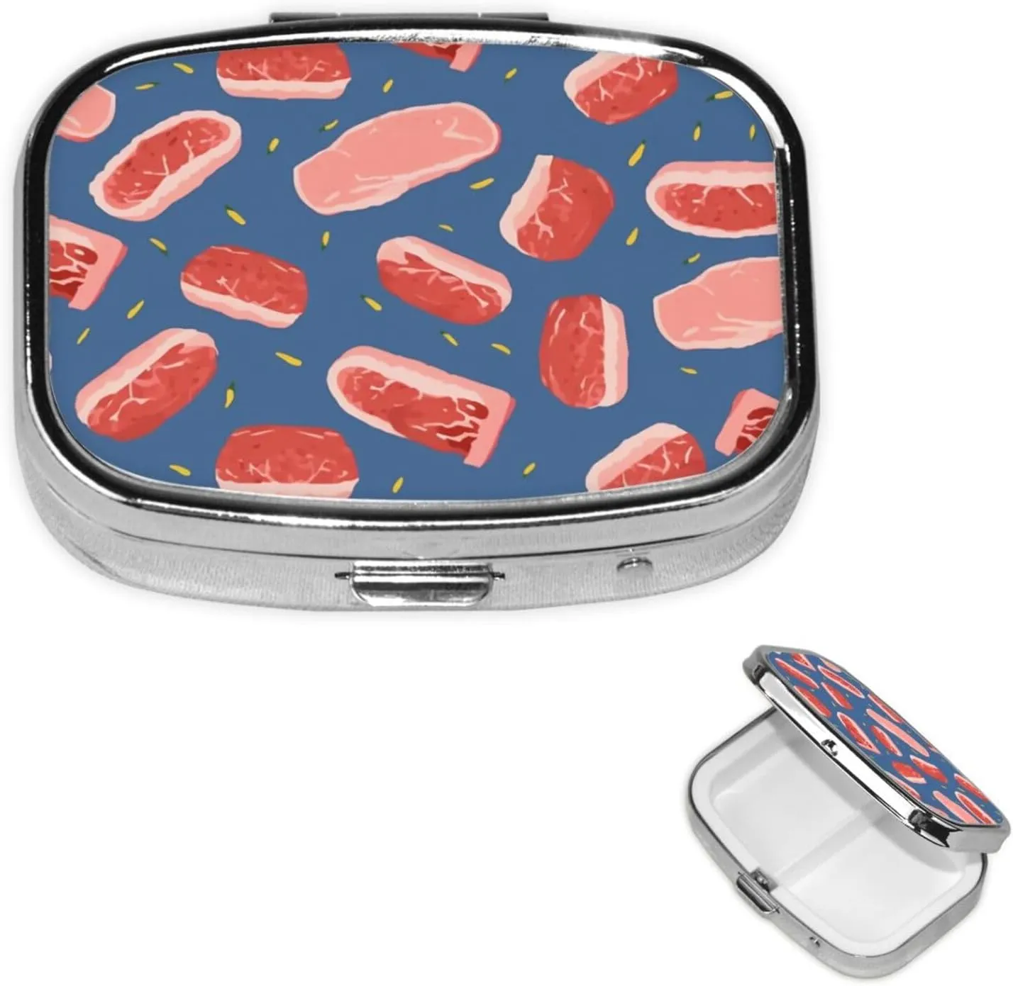 Pill Case with Mirror Retro 2 Compartment Pill Box Meat Slices Pattern Small Pill Organizer for Purse or Pocket Decorative Metal Medicine Vitamin Organizer Unique Gifts