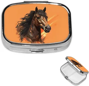 Pill Case with Mirror Retro 2 Compartment Pill Box Orange Background with Horse Head Small Pill Organizer for Purse or Pocket Decorative Metal Medicine Vitamin Organizer Unique Gifts