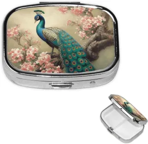 Pill Case with Mirror Retro 2 Compartment Pill Box Oriental Peacock Small Pill Organizer for Purse or Pocket Decorative Metal Medicine Vitamin Organizer Unique Gifts